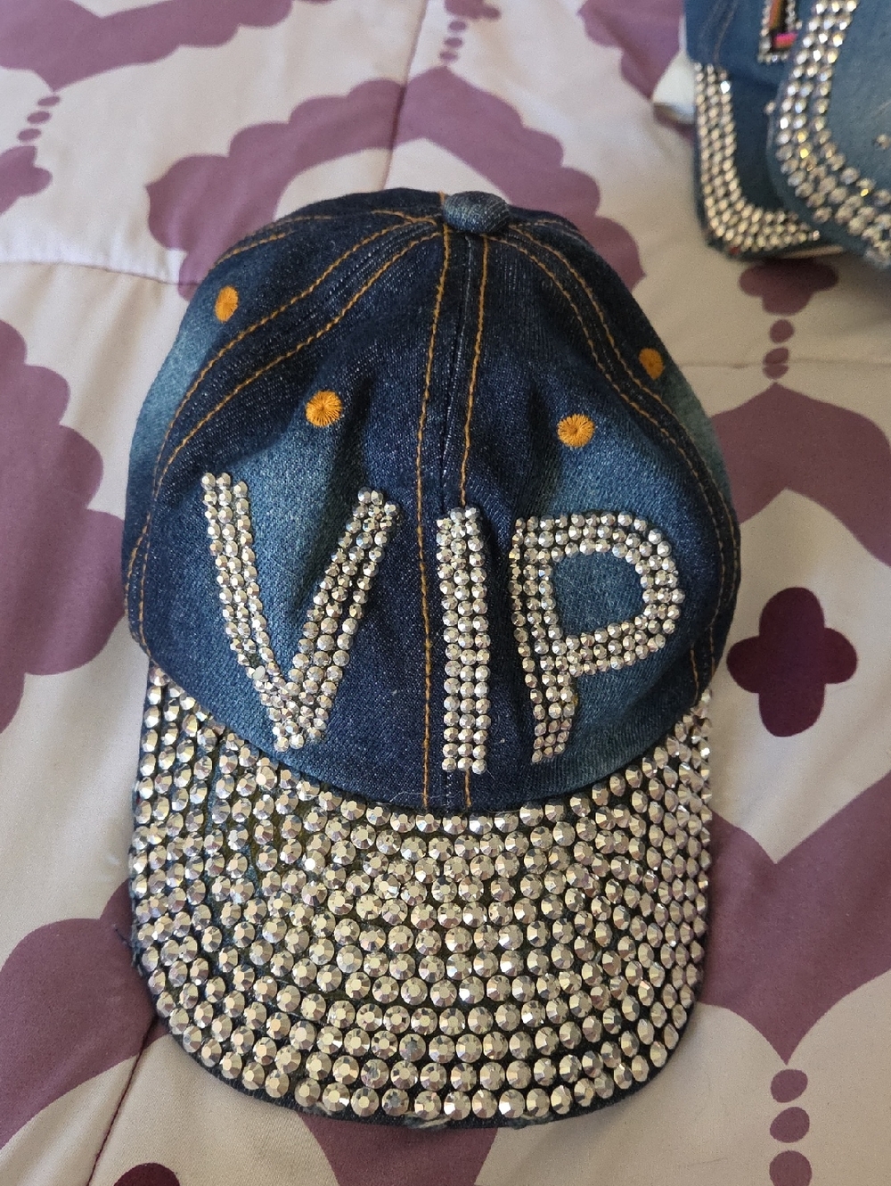 VIP Rhinestone Denim Baseball Cap - Blue
